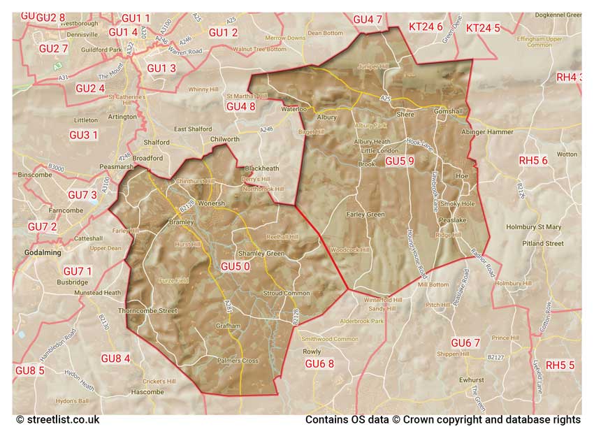 map showing postcode sectors within the GU5 district