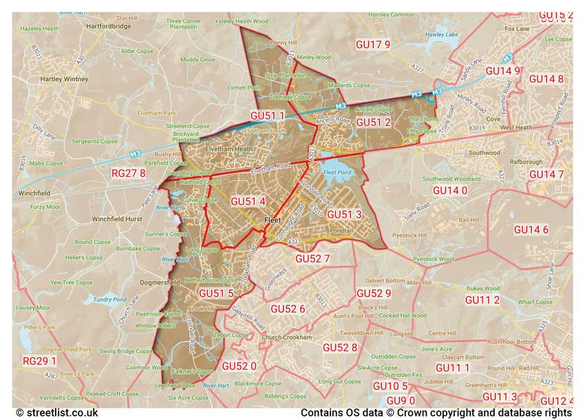 map showing postcode sectors within the GU51 district