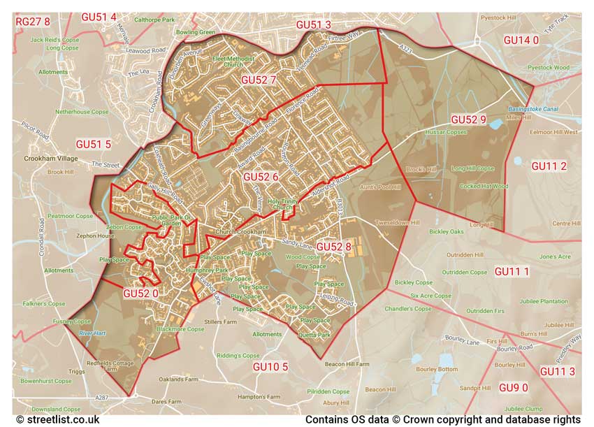 map showing postcode sectors within the GU52 district