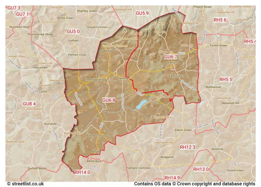 map showing postcode sectors within the GU6 district