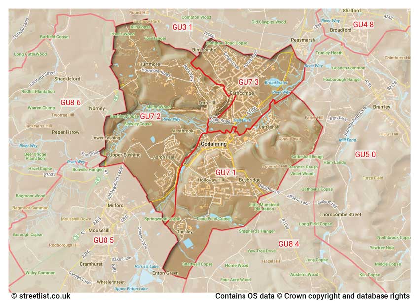 map showing postcode sectors within the GU7 district