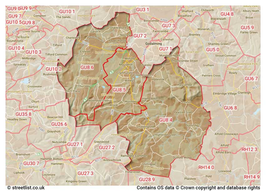 map showing postcode sectors within the GU8 district