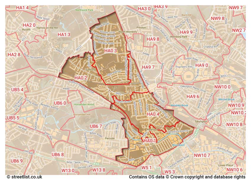 map showing postcode sectors within the HA0 district