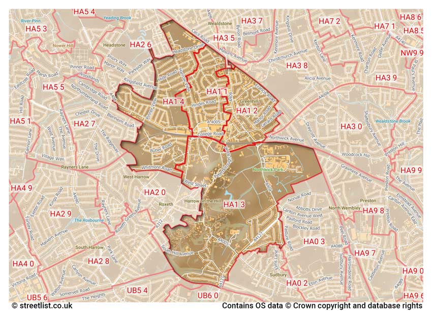 map showing postcode sectors within the HA1 district