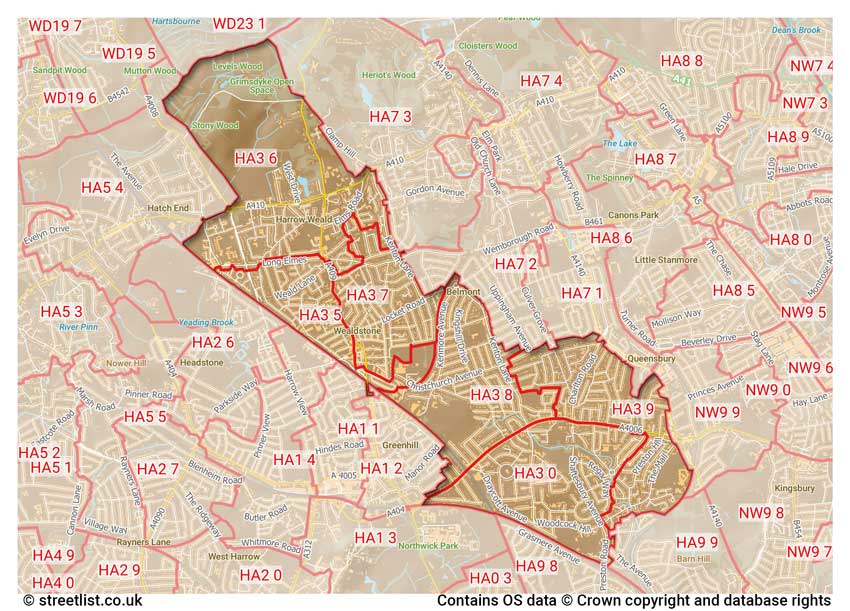 map showing postcode sectors within the HA3 district