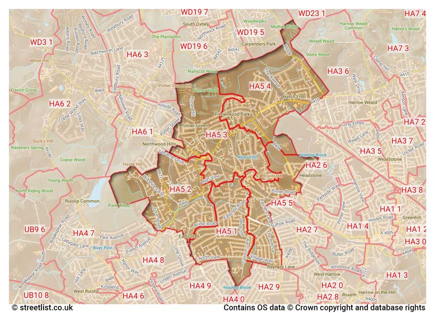 map showing postcode sectors within the HA5 district