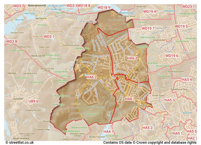 map showing postcode sectors within the HA6 district