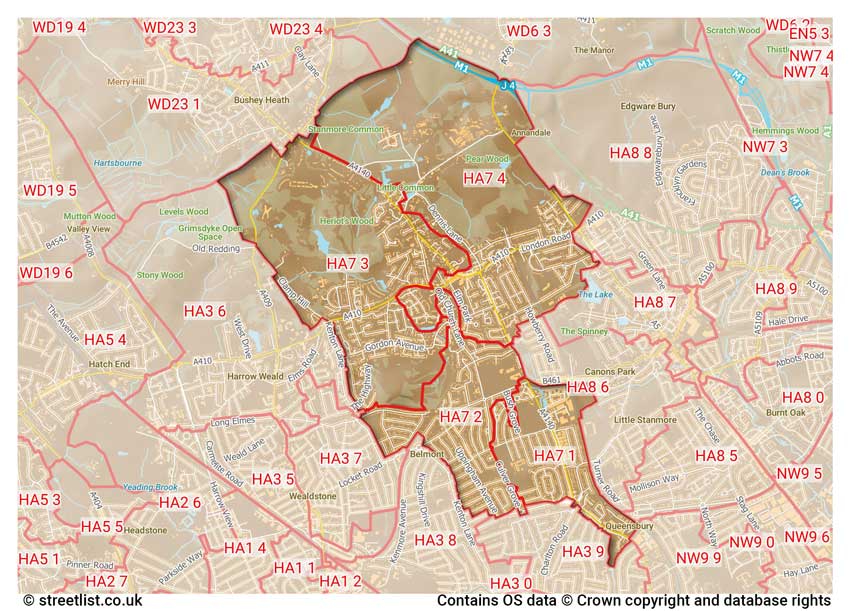 map showing postcode sectors within the HA7 district