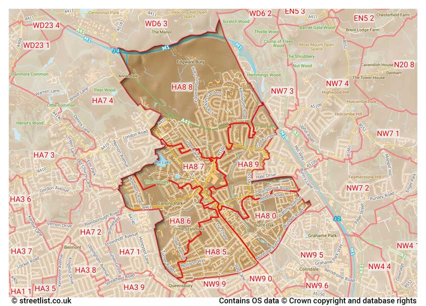 map showing postcode sectors within the HA8 district