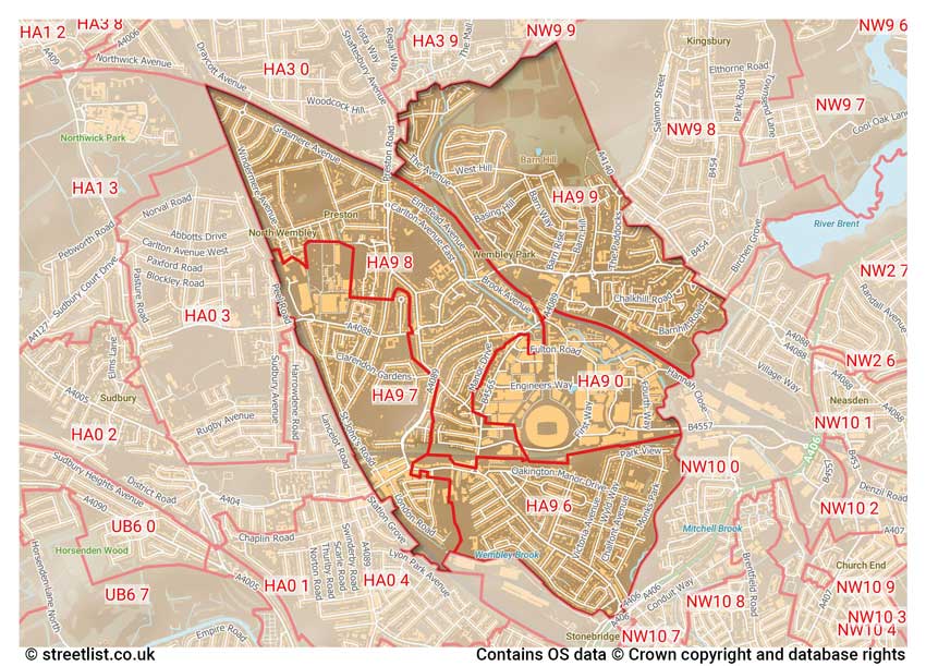 map showing postcode sectors within the HA9 district