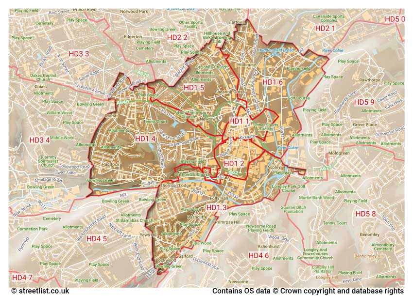 map showing postcode sectors within the HD1 district