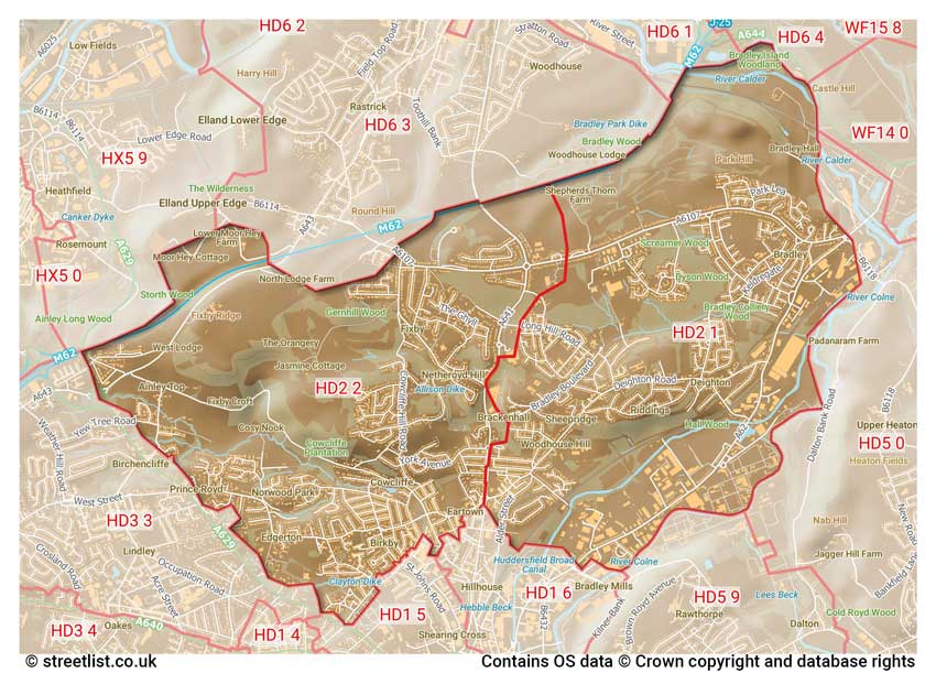 map showing postcode sectors within the HD2 district