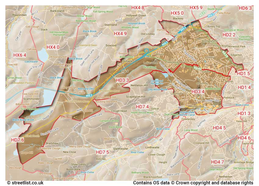 map showing postcode sectors within the HD3 district