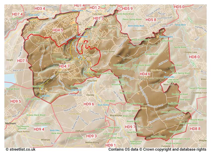 map showing postcode sectors within the HD4 district