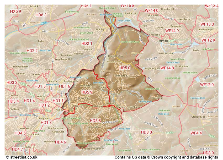 map showing postcode sectors within the HD5 district