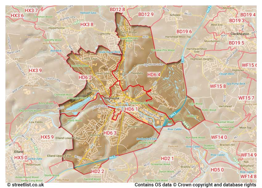 map showing postcode sectors within the HD6 district