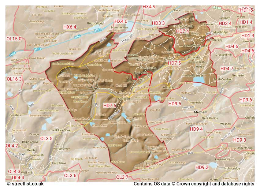 map showing postcode sectors within the HD7 district