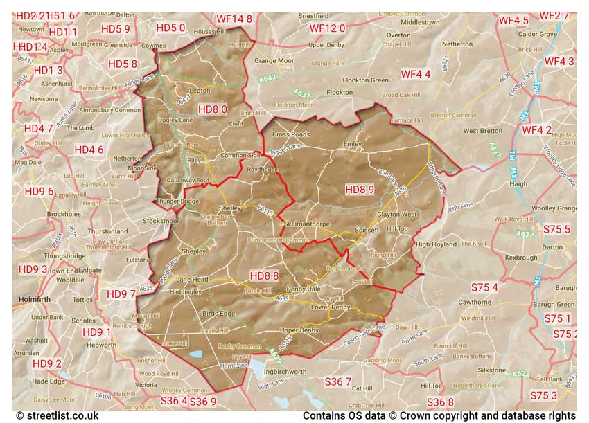 map showing postcode sectors within the HD8 district