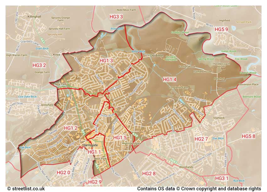 map showing postcode sectors within the HG1 district