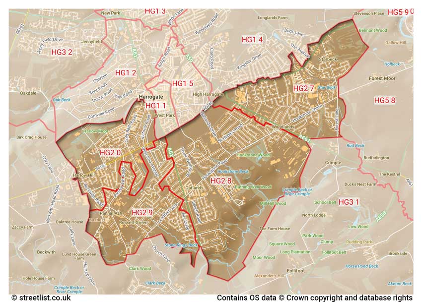 map showing postcode sectors within the HG2 district