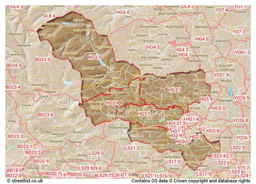 map showing postcode sectors within the HG3 district