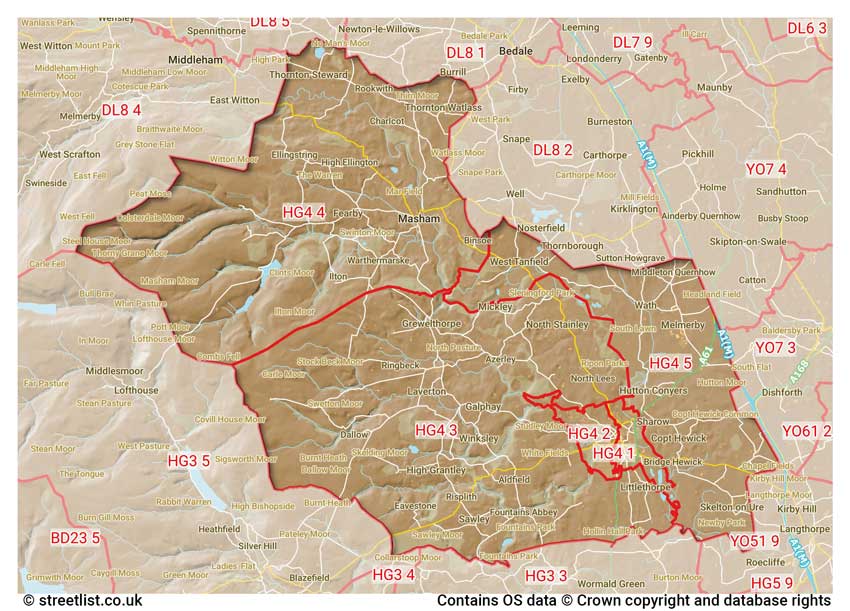 map showing postcode sectors within the HG4 district