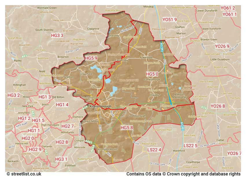 map showing postcode sectors within the HG5 district