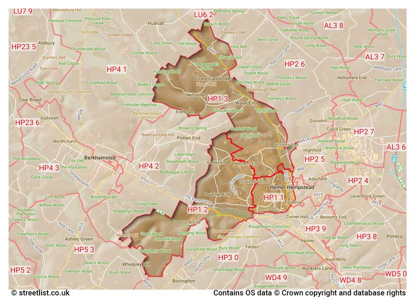 map showing postcode sectors within the HP1 district