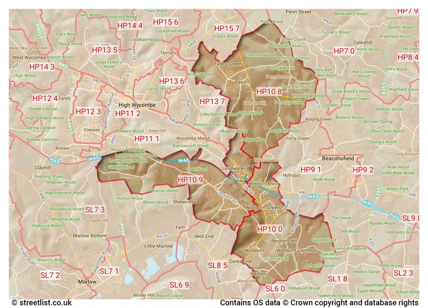 map showing postcode sectors within the HP10 district