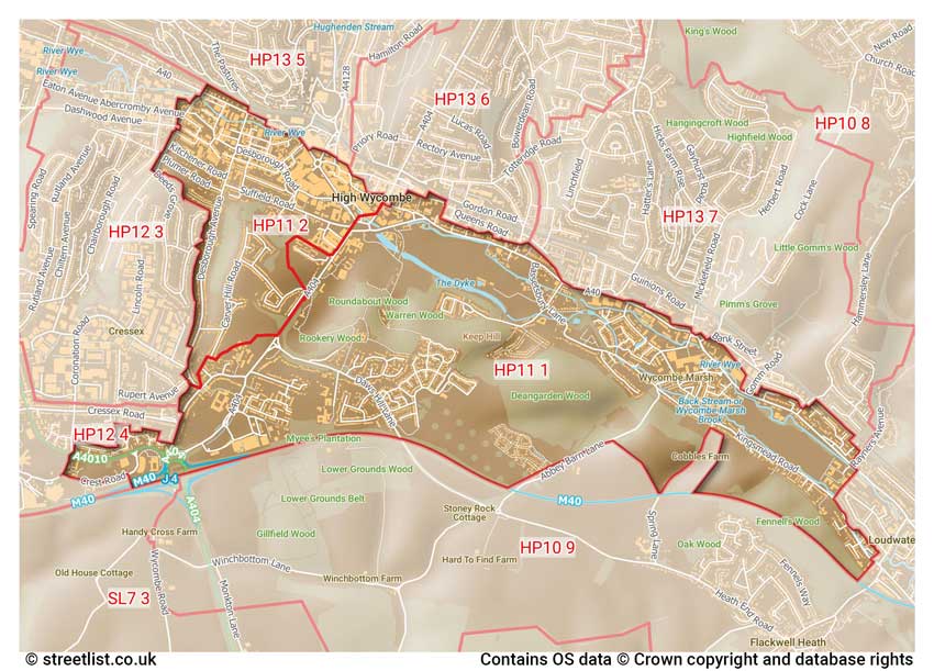 map showing postcode sectors within the HP11 district