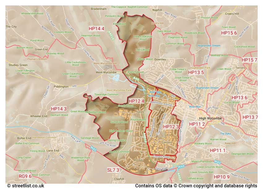 map showing postcode sectors within the HP12 district