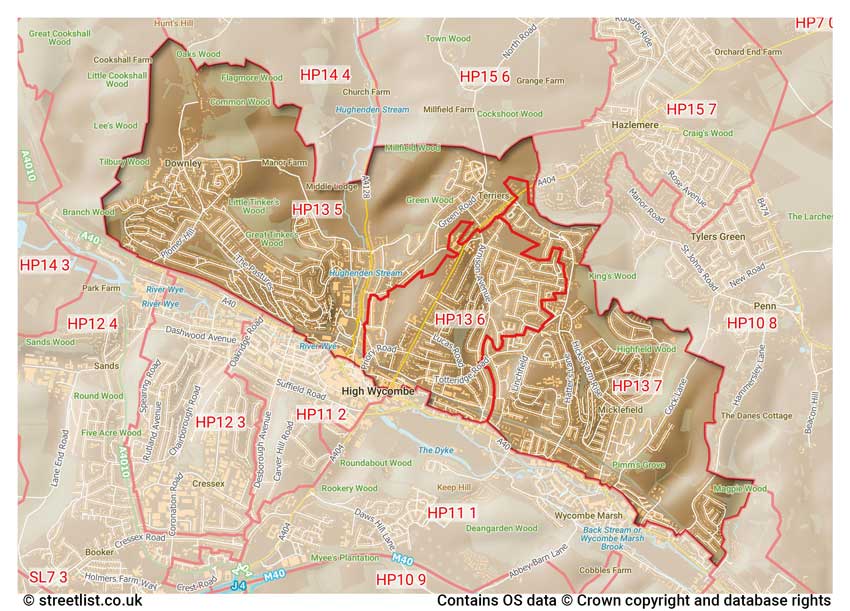 map showing postcode sectors within the HP13 district