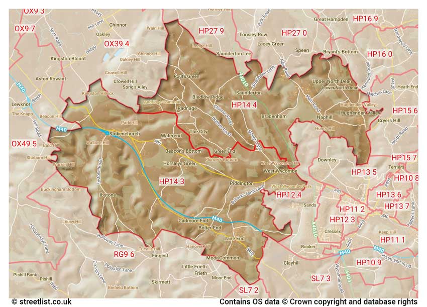 map showing postcode sectors within the HP14 district