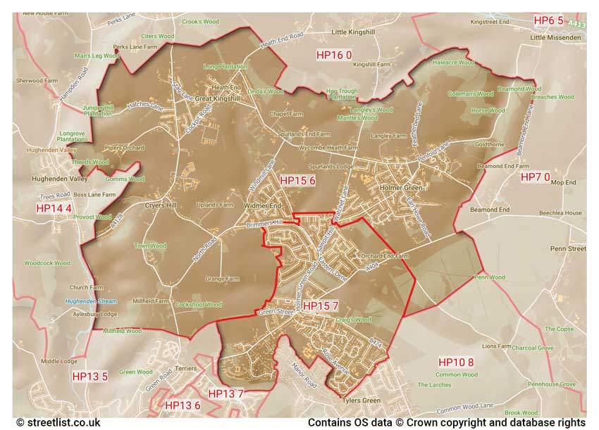 map showing postcode sectors within the HP15 district