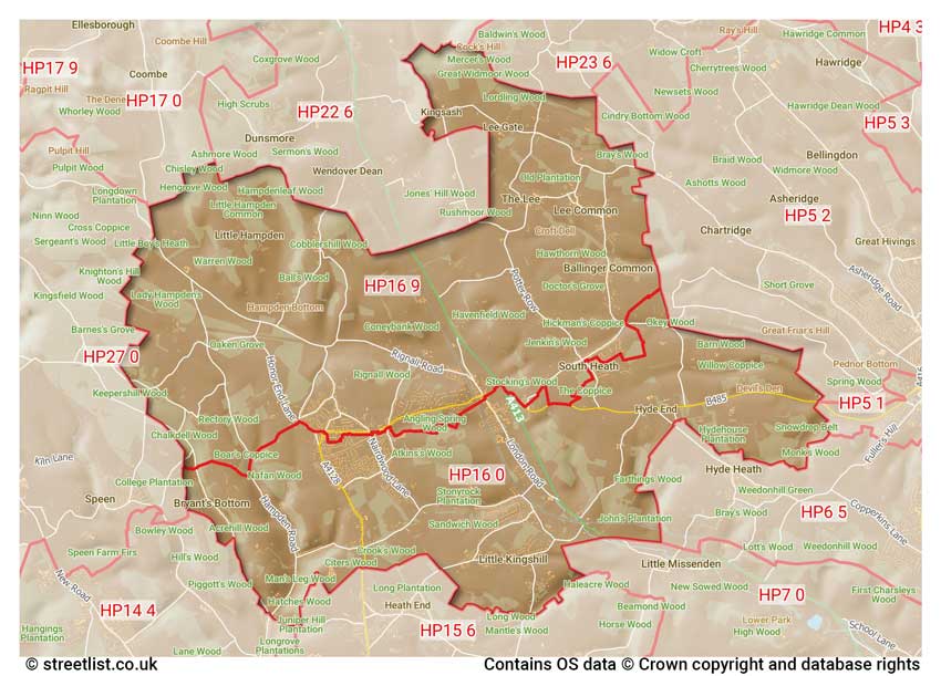 map showing postcode sectors within the HP16 district