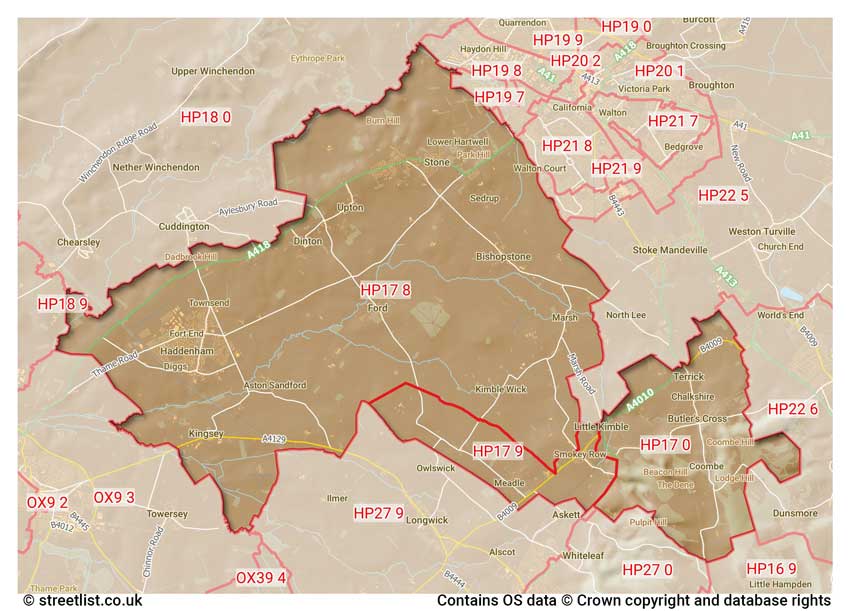 map showing postcode sectors within the HP17 district