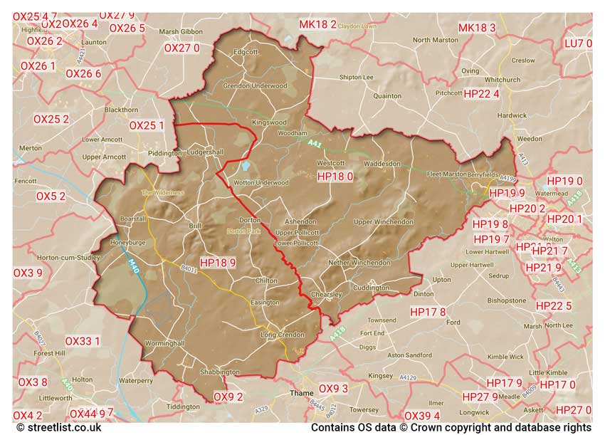 map showing postcode sectors within the HP18 district