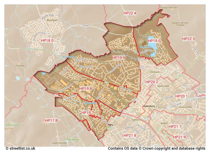 map showing postcode sectors within the HP19 district