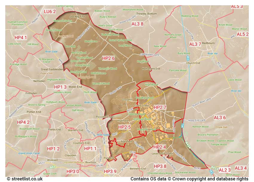 map showing postcode sectors within the HP2 district