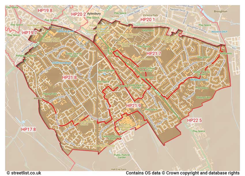 map showing postcode sectors within the HP21 district