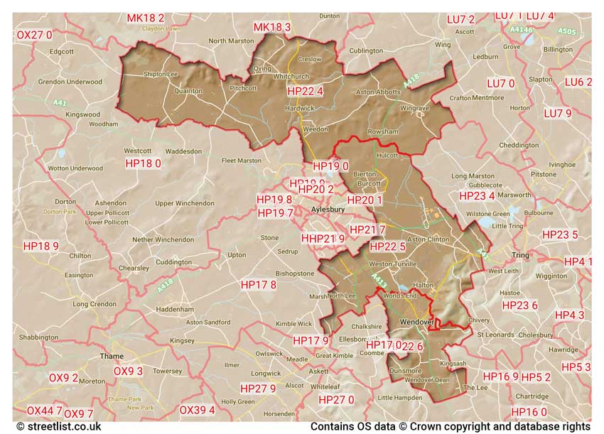 map showing postcode sectors within the HP22 district