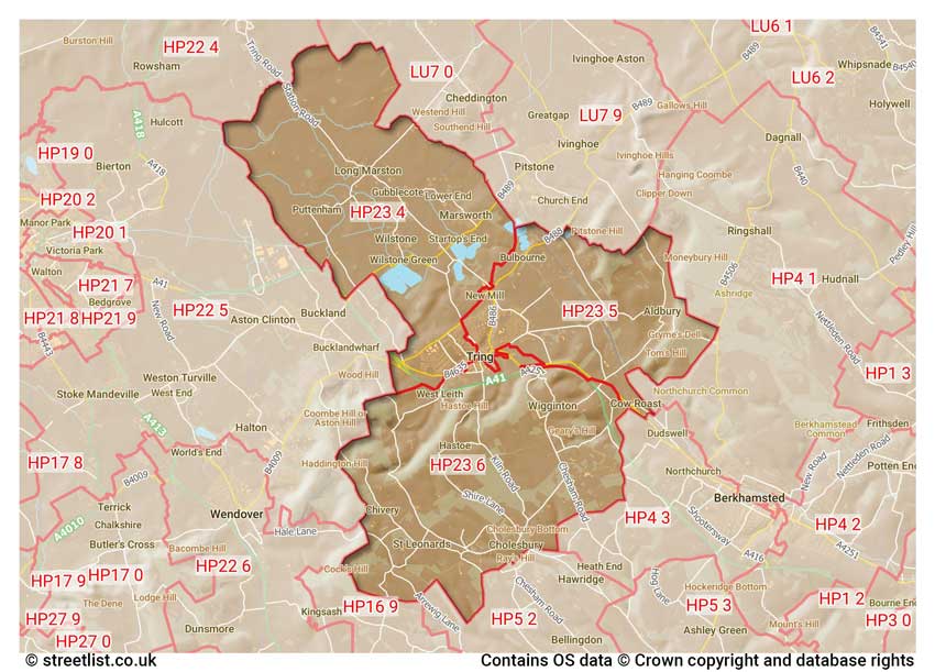 map showing postcode sectors within the HP23 district