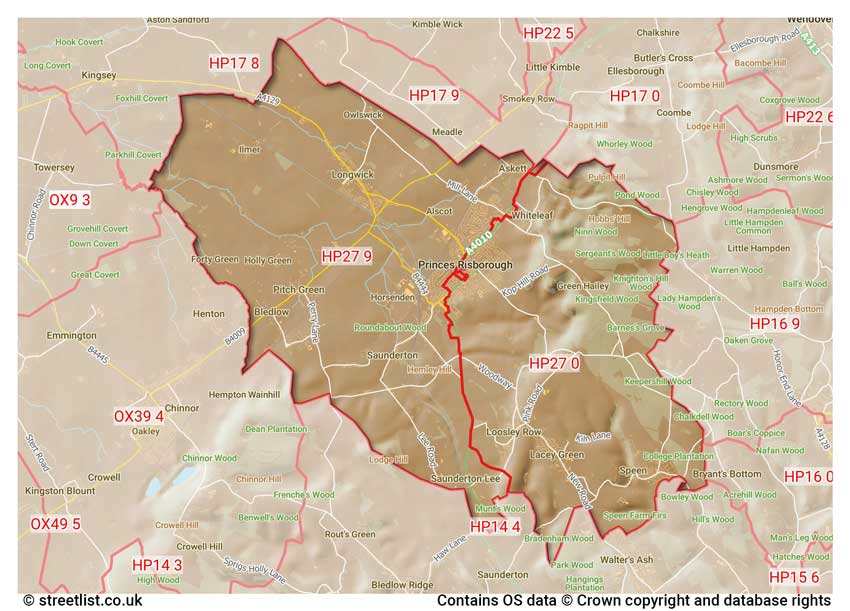 map showing postcode sectors within the HP27 district