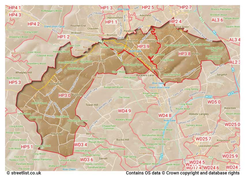 map showing postcode sectors within the HP3 district