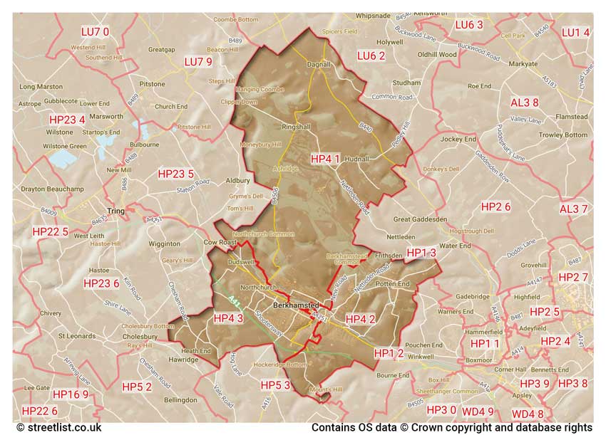 map showing postcode sectors within the HP4 district