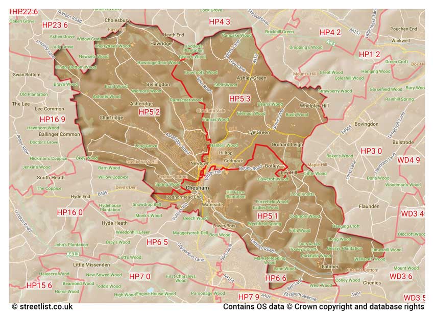 map showing postcode sectors within the HP5 district