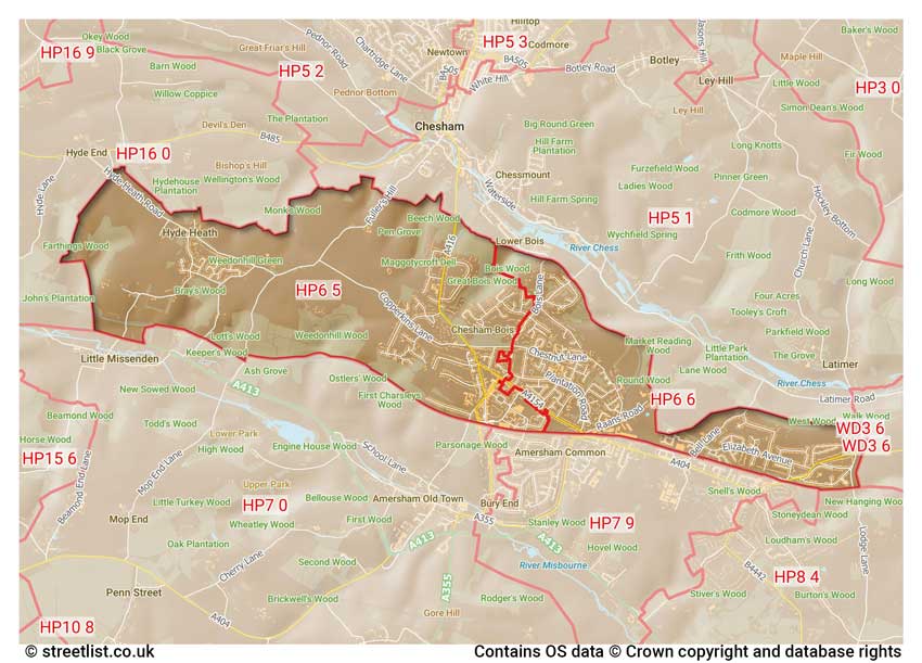 map showing postcode sectors within the HP6 district