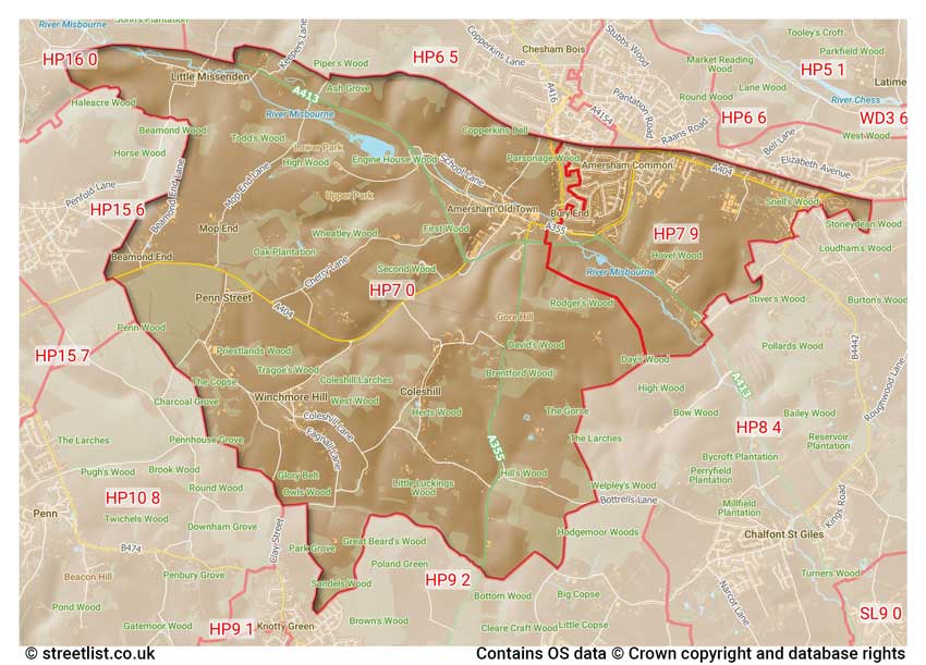 map showing postcode sectors within the HP7 district