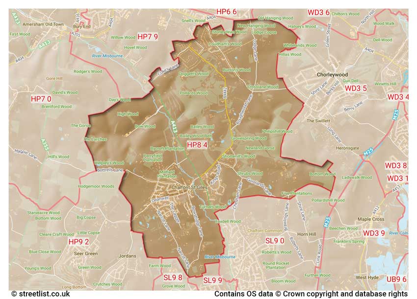 map showing postcode sectors within the HP8 district