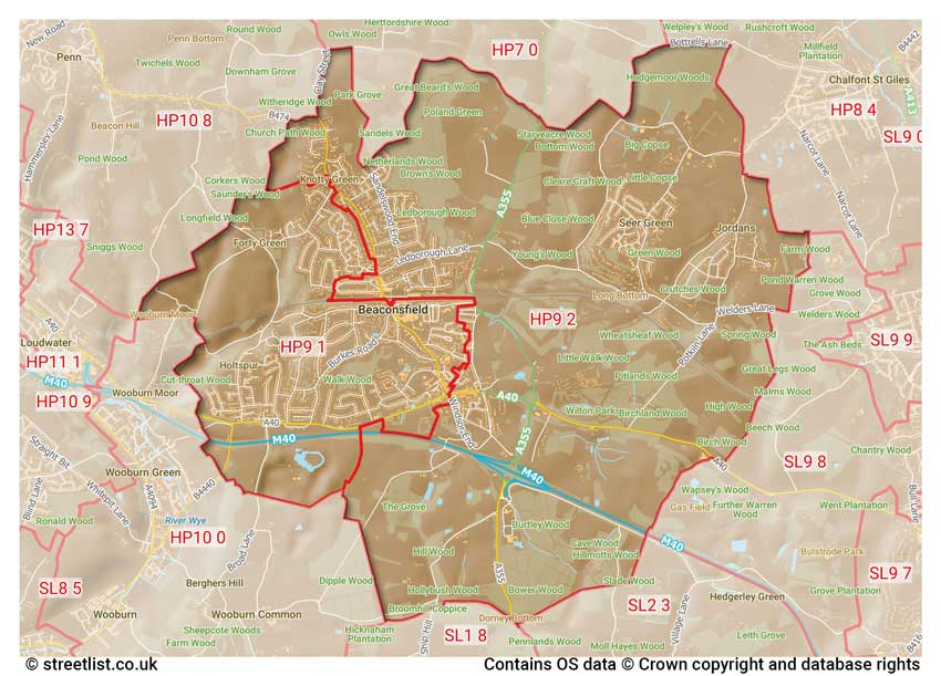 map showing postcode sectors within the HP9 district